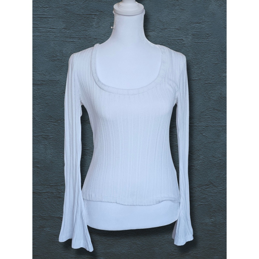 Anthropologie Pointelle Flare Sleeve Top Knit Bell Sleeve Women XS White Viscose